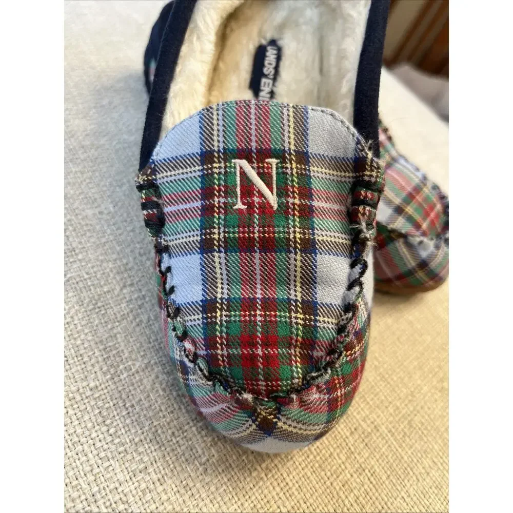 Lands' End Size 1 Childs Suede Slippers Moccasin Navy Blue Faux Fur Monogram “N”